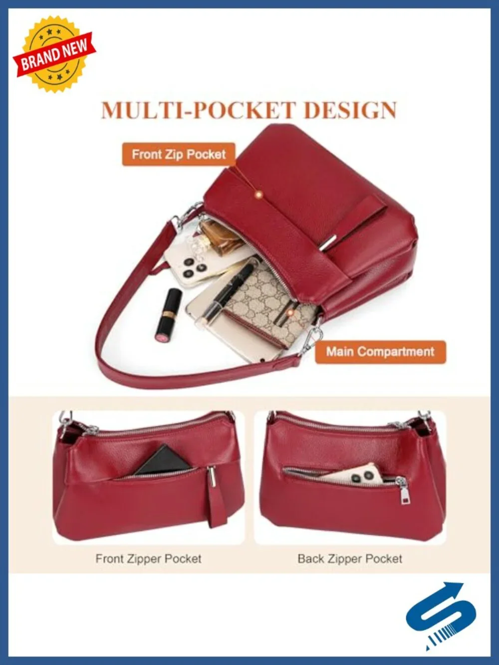 Genuine Leather Crossbody Bag for Women with 2 Detachable Straps, Fits iPad